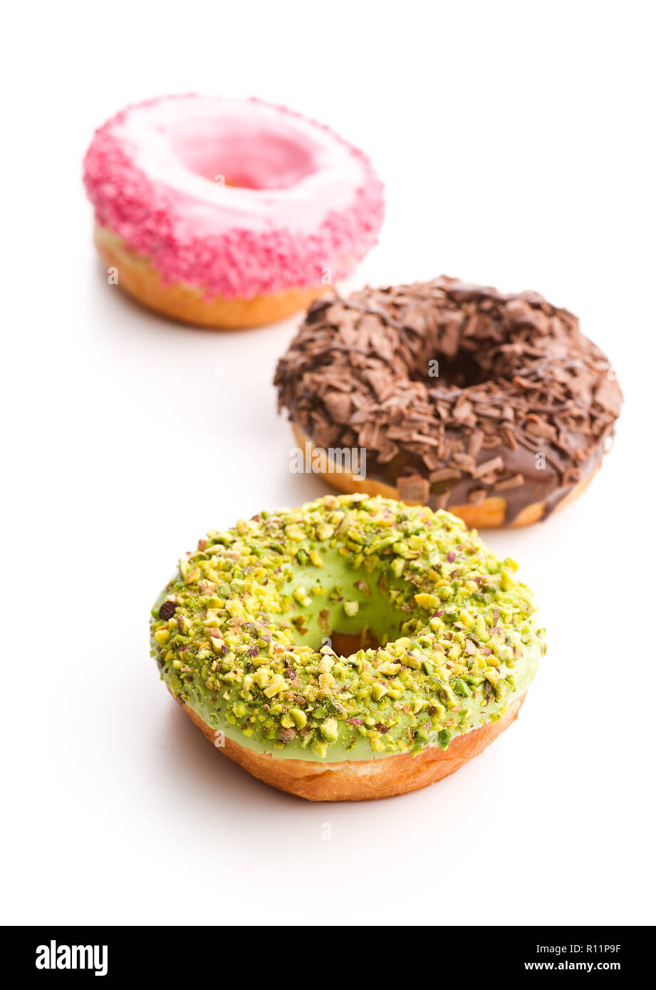 Sweet glazed donuts isolated on white background. Stock Photo
