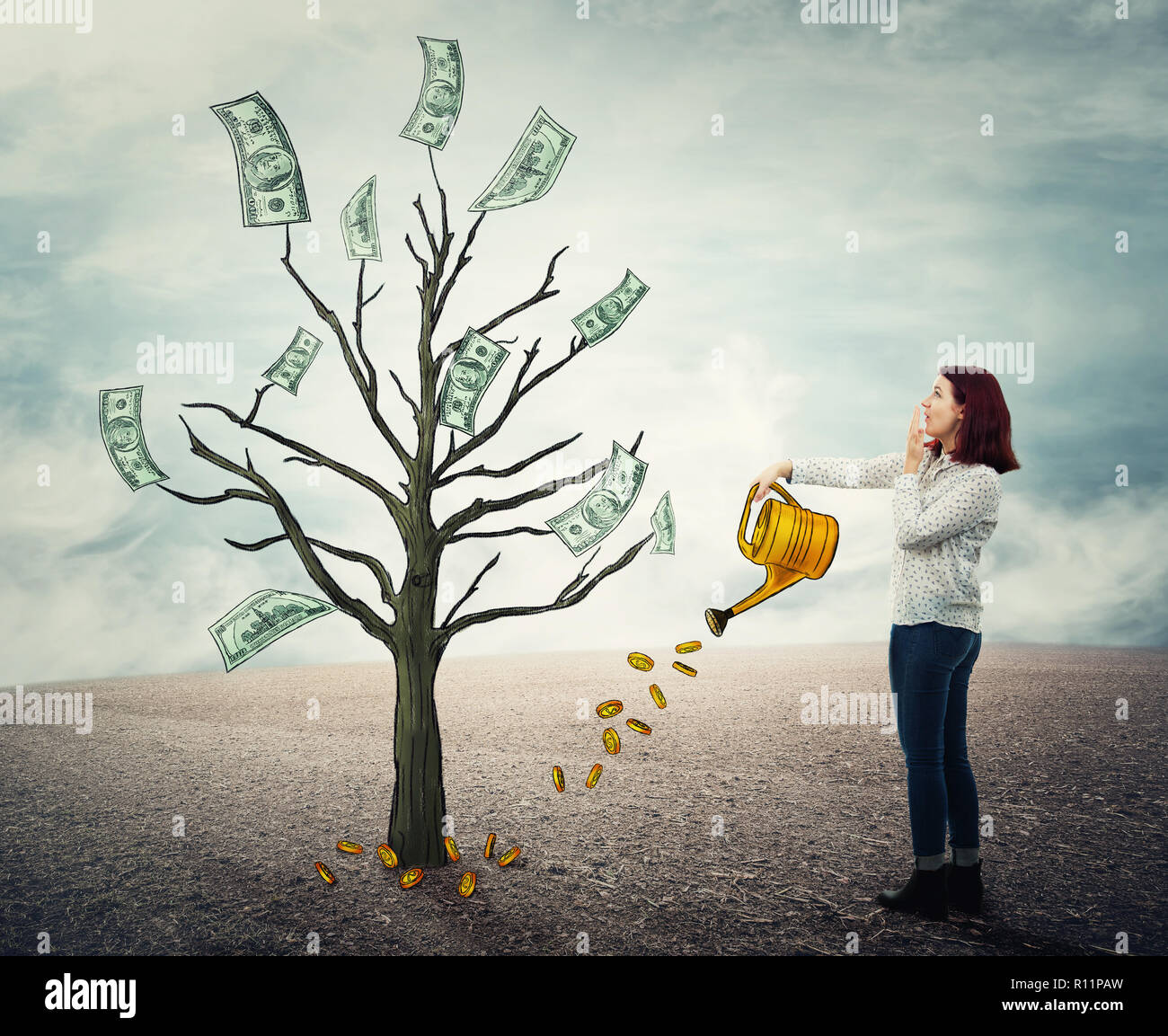 Young woman with a watering can pouring a plant with golden coins to raise  a dollar bills money tree. Financial management, business growing, investme  Stock Photo - Alamy