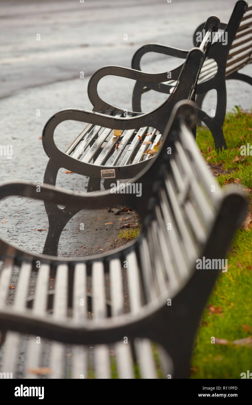 Metal Park benches in a row in Cramond Edinburgh Scotland Stock Photo