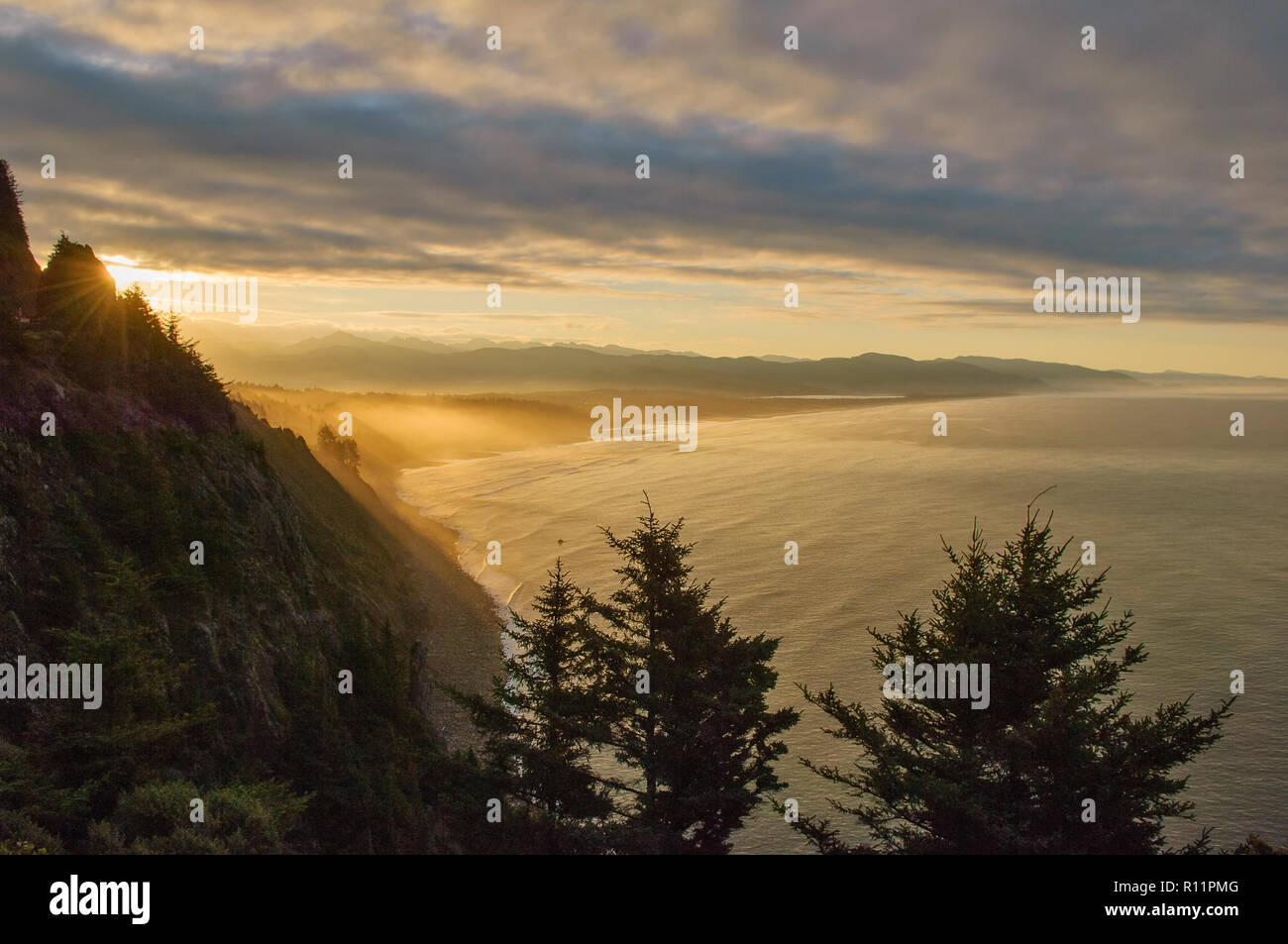Nehalem beach from Highway 101 viewpoint at Oswald West State Park, northern Oregon coast. Stock Photo