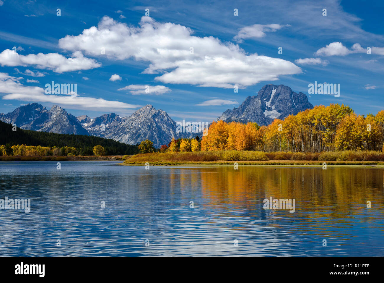 The Teton Range and Oxbow Bend on the Snake River in Grand Teton National Park, Wyoming. Stock Photo