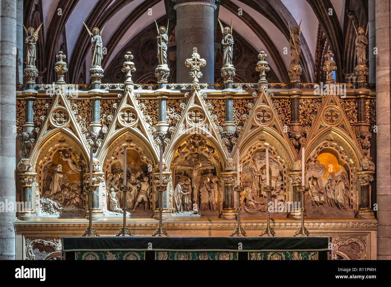 Hereford Cathedral, UK. The nineteenth-century reredos behind the high altar was designed by N.J. Cottingham (1852) Stock Photo