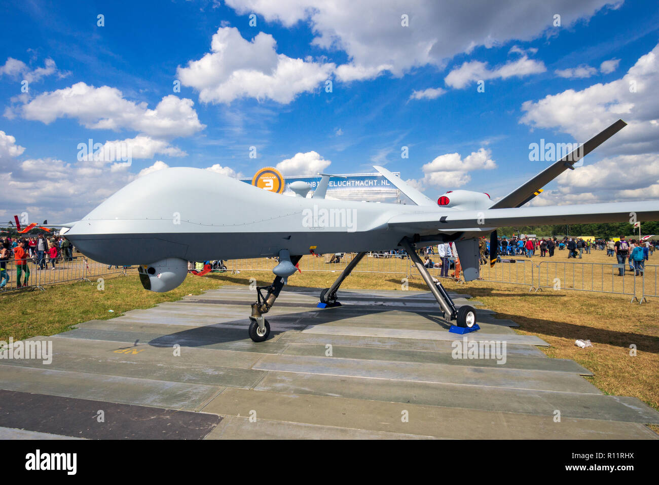 VOLKEL, NETHERLANDS - JUN 15, 2013: Military General Atomics MQ-1 Predator UAV drone on display at the Royal Netherlands Air Force Open Day. Stock Photo