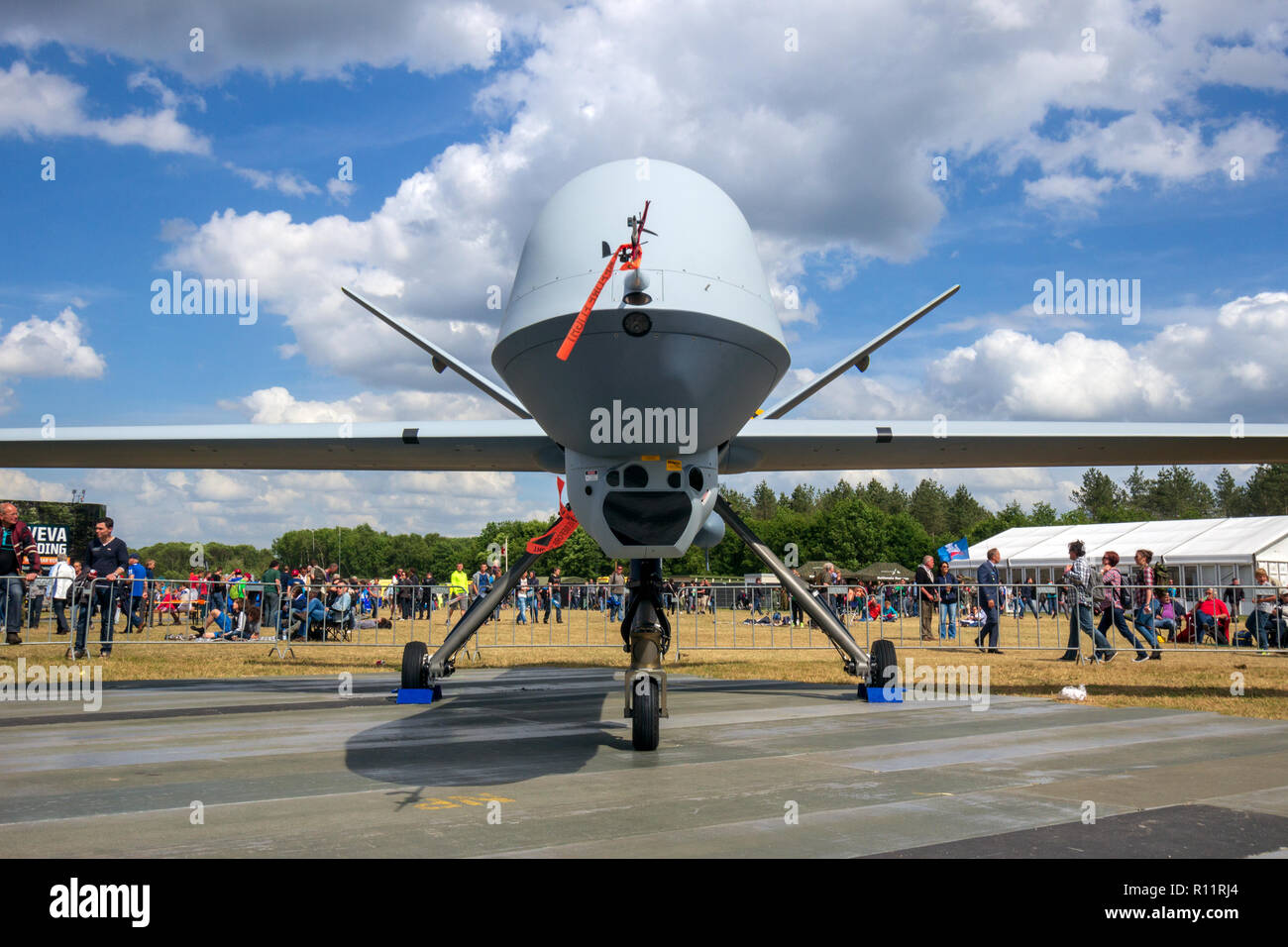 VOLKEL, NETHERLANDS - JUN 15, 2013: Military General Atomics MQ-1 Predator UAV drone on display at the Royal Netherlands Air Force Open Day. Stock Photo