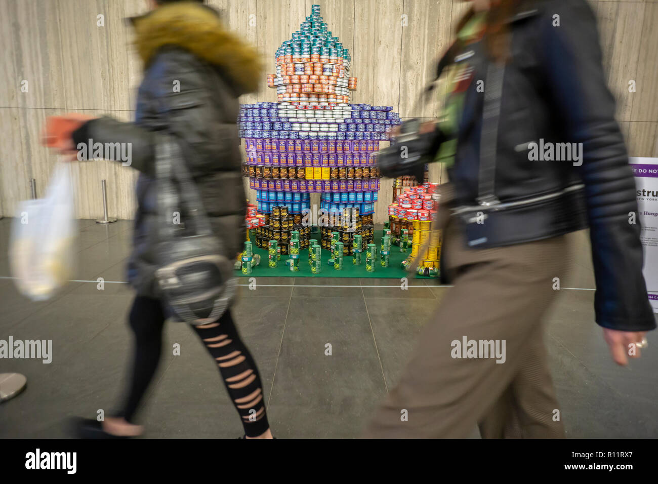 Gnome More Hunger by AKF Engineers in the 26th annual Canstruction Design Competition in New York, seen on Saturday, November 3, 2018, on display in Brookfield Place in New York. Architecture and design firm participate to design and build giant structures made from cans of food.  The cans are donated to City Harvest at the close of the exhibit. Over 100,000 cans of food are collected and will be used to feed the needy at 500 soup kitchens and food pantries. (Â© Richard B. Levine) Stock Photo