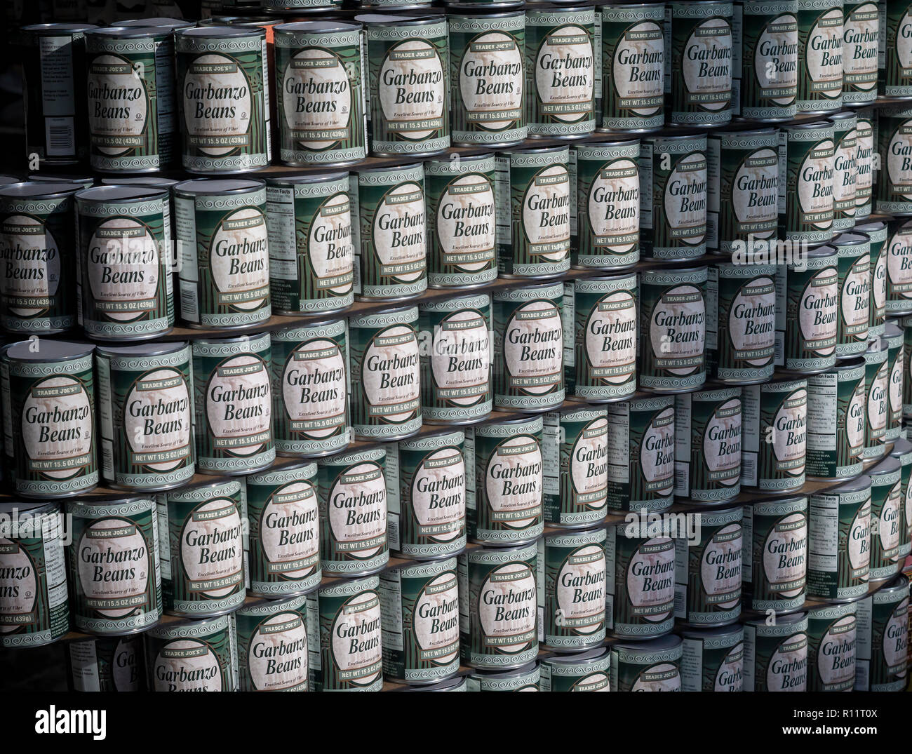 A display of Trader Joe's brand of cans of garbanzo beans in New York