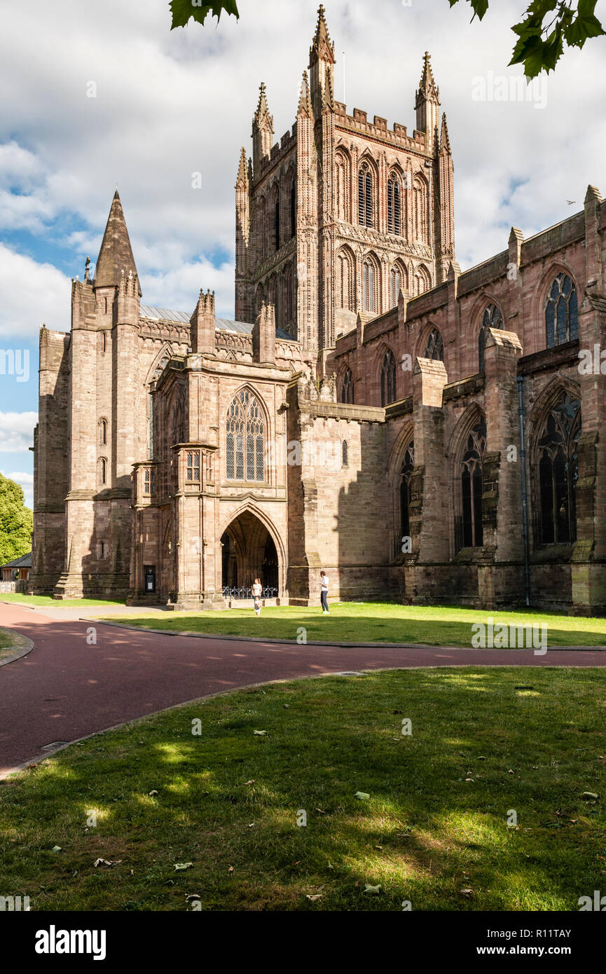 Herefordshire, UK. Hereford Cathedral dates mainly from the 14c, with early Norman foundations. The central tower was built around 1320 (NW view) Stock Photo