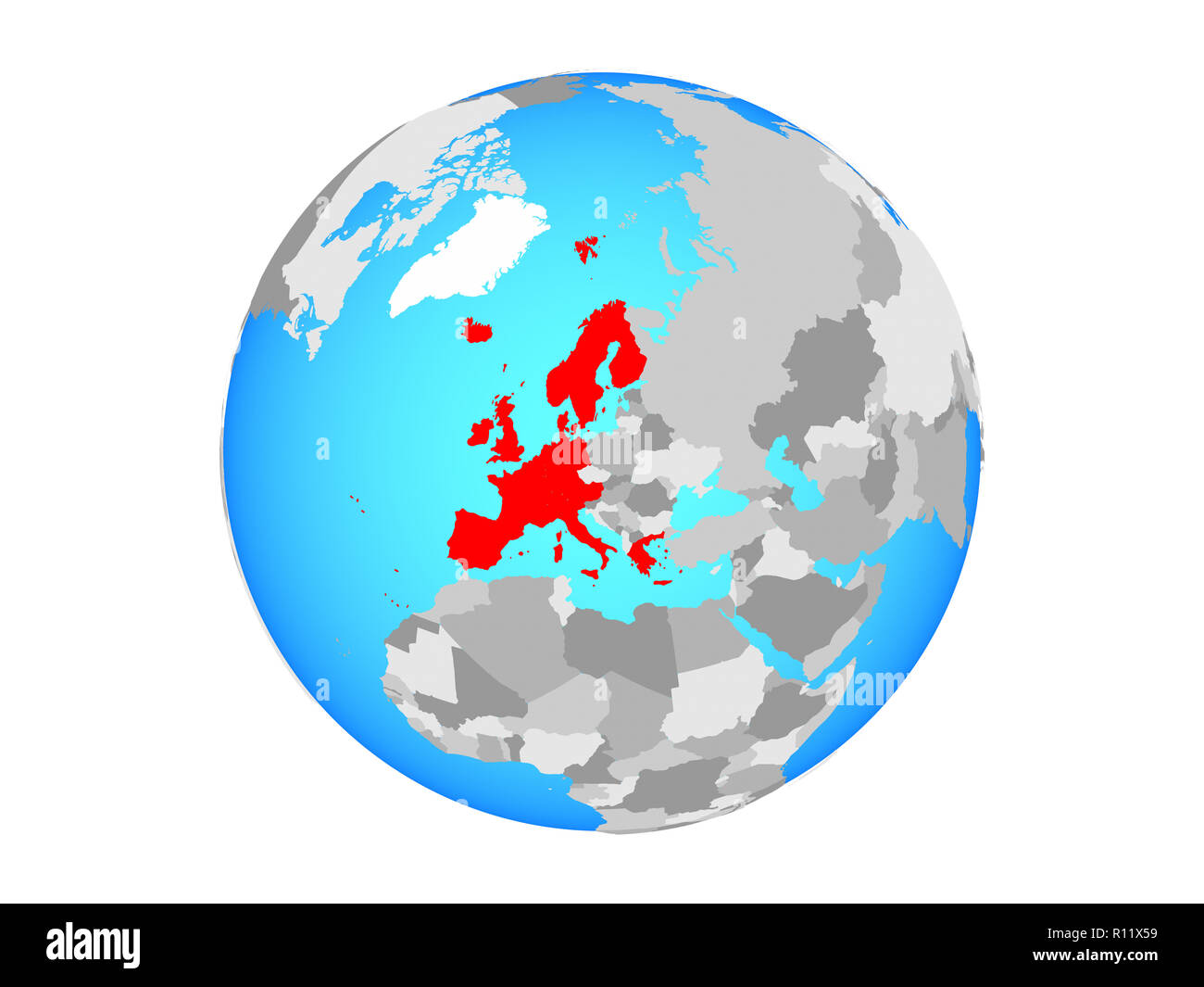 Western Europe on blue political globe. 3D illustration isolated on white background. Stock Photo