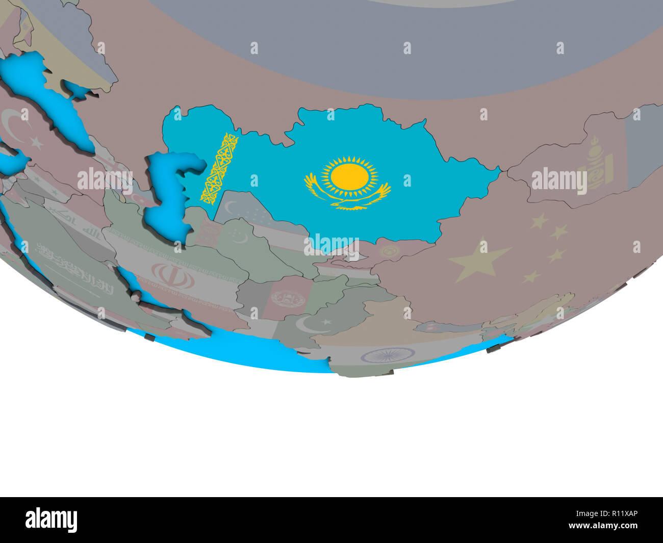 Kazakhstan with embedded national flag on simple political 3D globe. 3D ...
