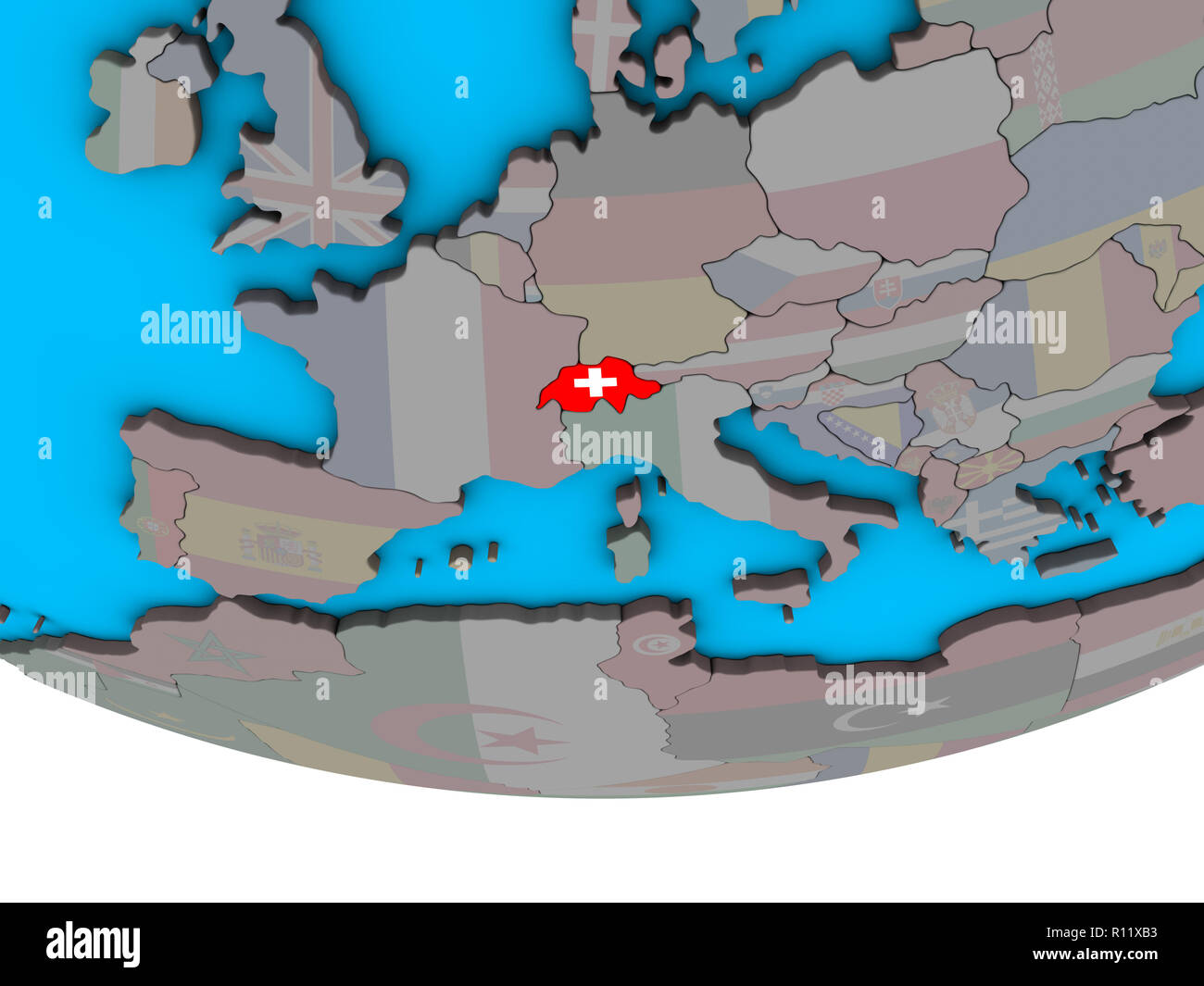 Switzerland with embedded national flag on simple political 3D globe ...