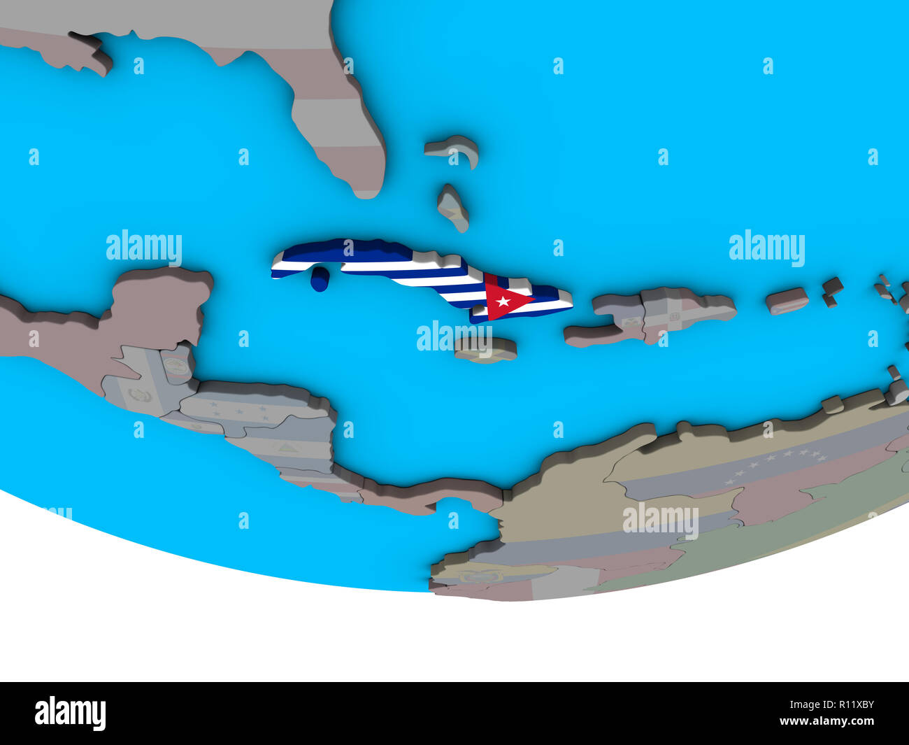 Cuba with embedded national flag on simple political 3D globe. 3D ...