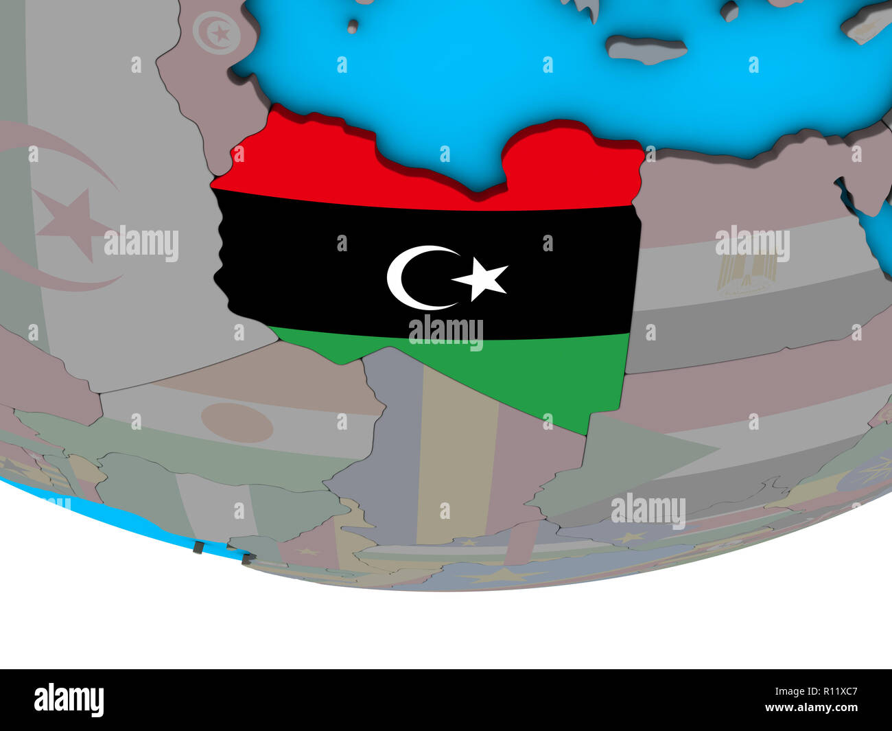 Libya with embedded national flag on simple political 3D globe. 3D ...
