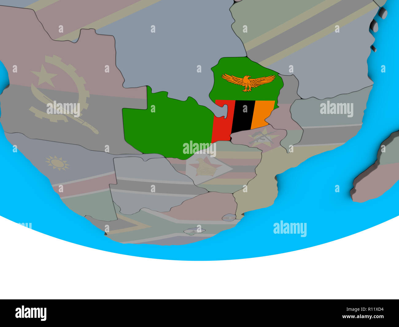 Zambia with embedded national flag on simple political 3D globe. 3D ...