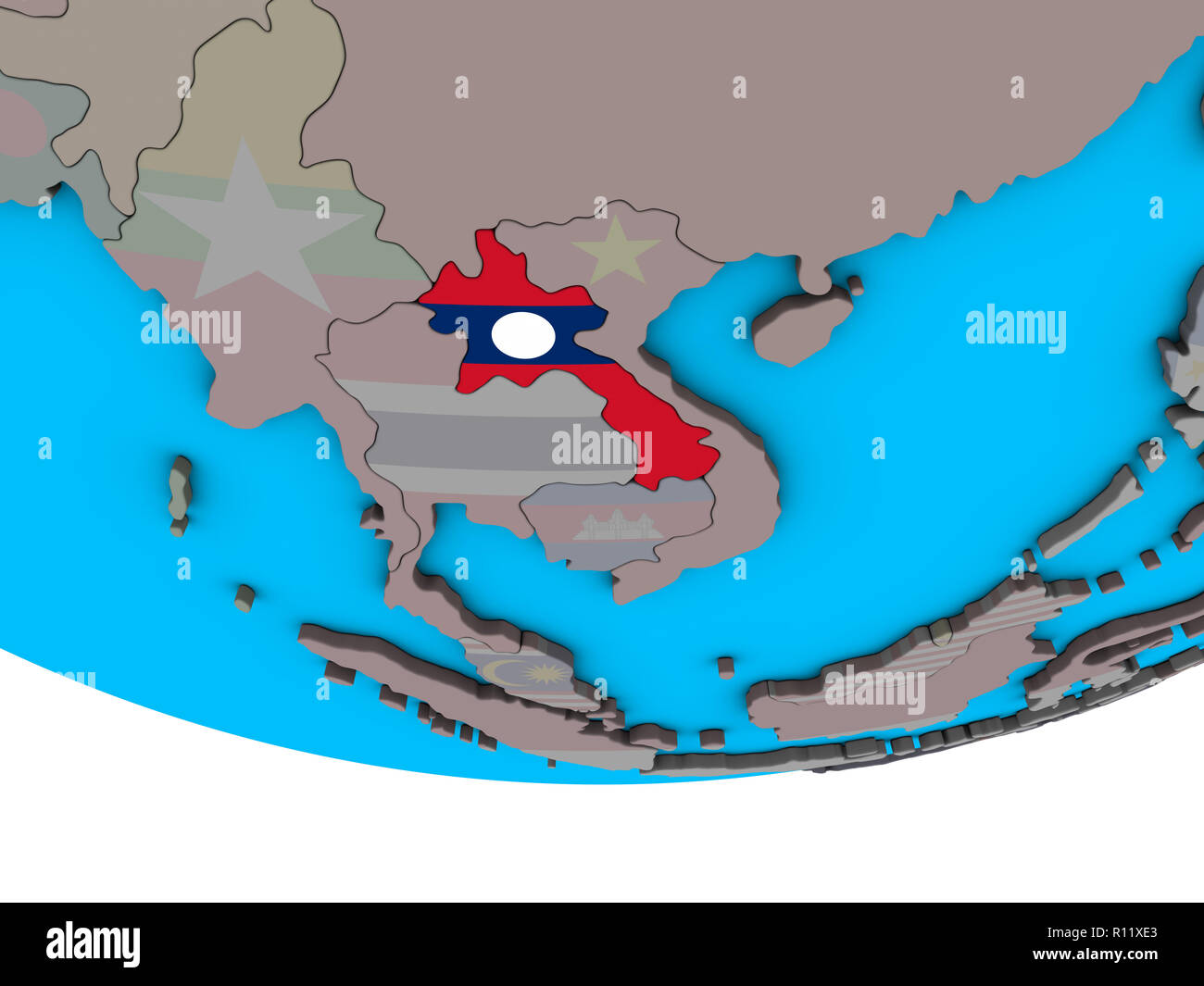 Laos with embedded national flag on simple political 3D globe. 3D ...