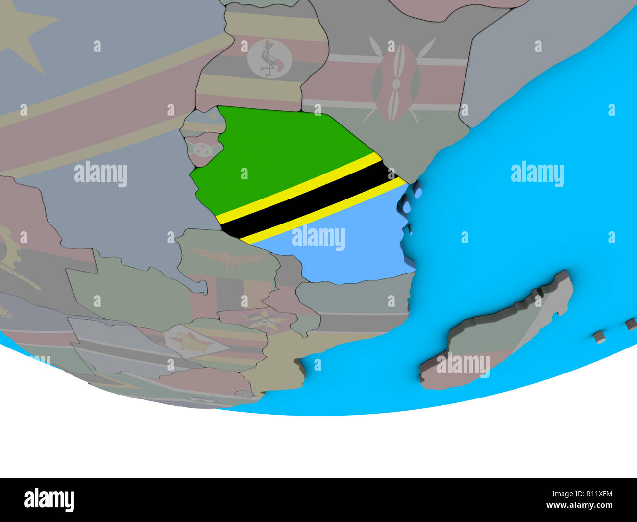 Tanzania with embedded national flag on simple political 3D globe. 3D ...