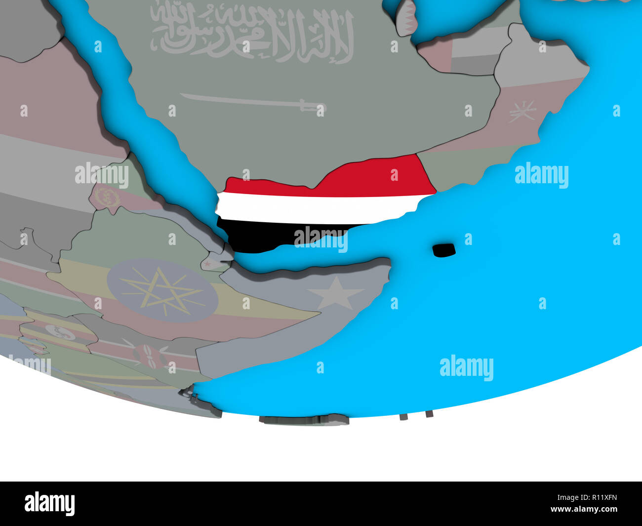 Yemen with embedded national flag on simple political 3D globe. 3D ...