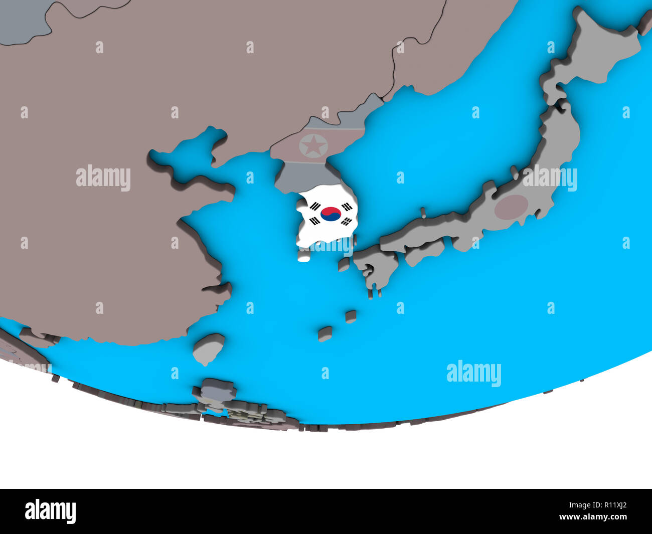 South Korea with embedded national flag on simple political 3D globe ...