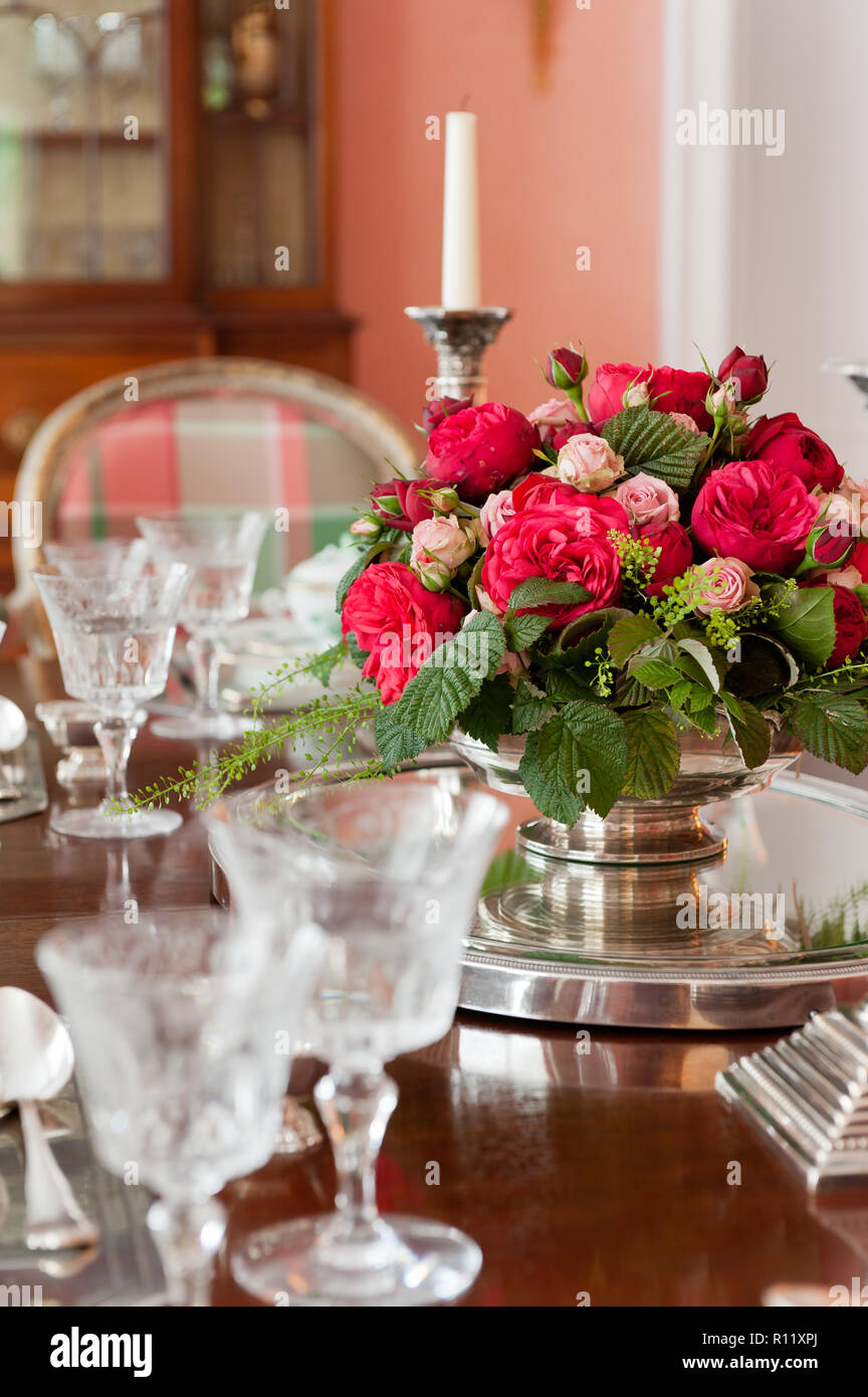 Flower arrangement on dining table Stock Photo Alamy