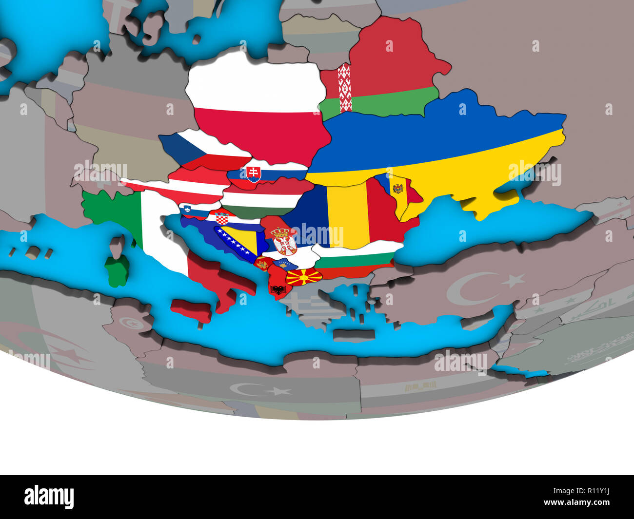 CEI countries with embedded national flags on simple political 3D globe ...