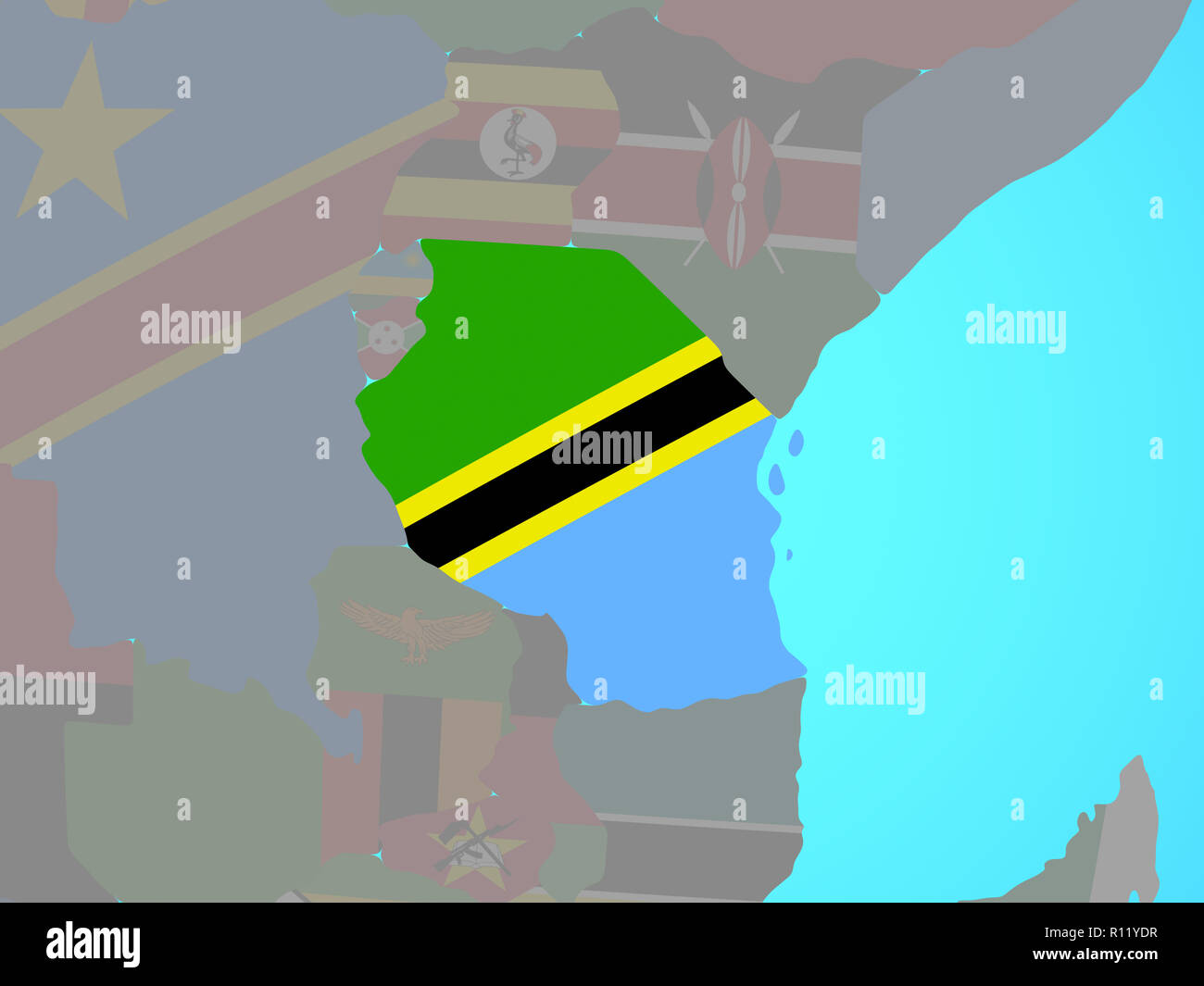 Tanzania with national flag on blue political globe. 3D illustration ...