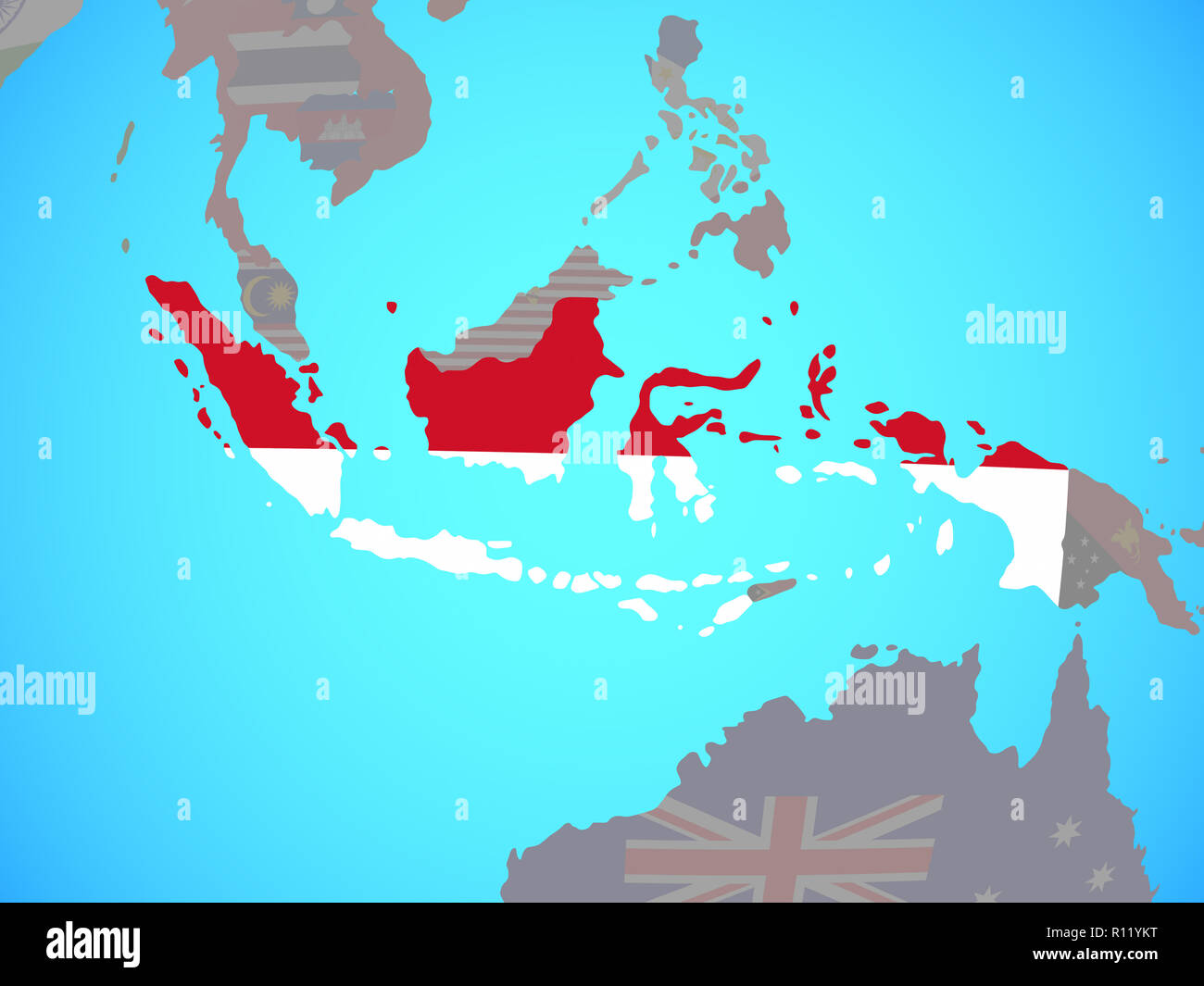Indonesia with national flag on blue political globe. 3D illustration. Stock Photo