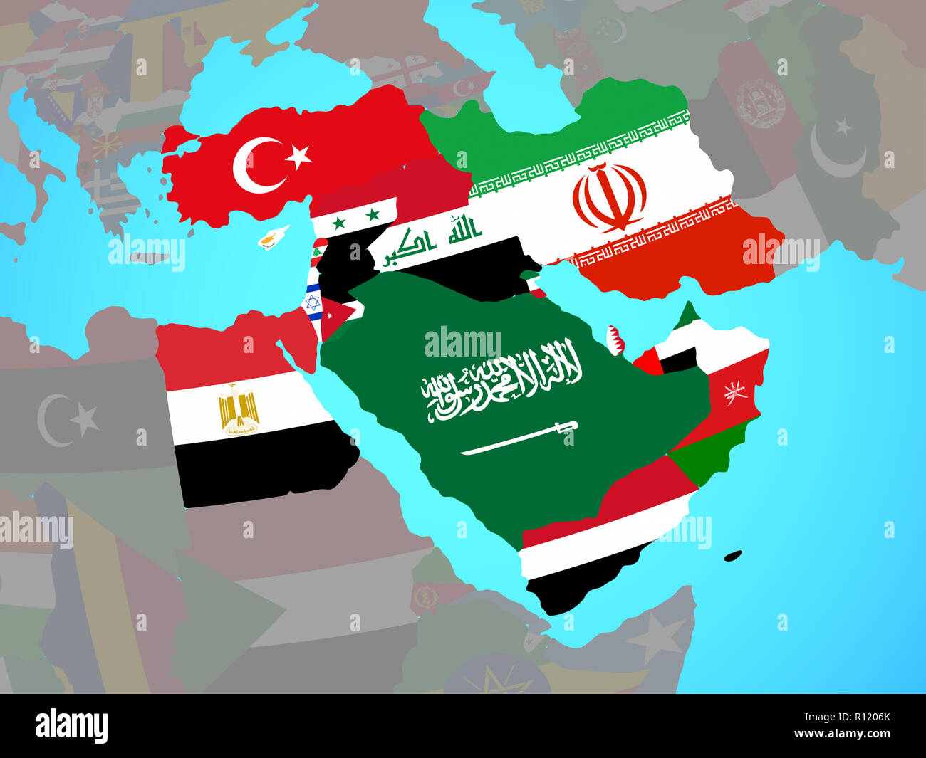 Middle East with national flags on blue political globe. 3D ...