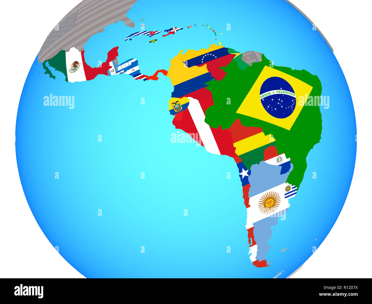 Latin America with national flags - Latin America With National Flags On Blue Political Globe 3d Illustration R1207X 