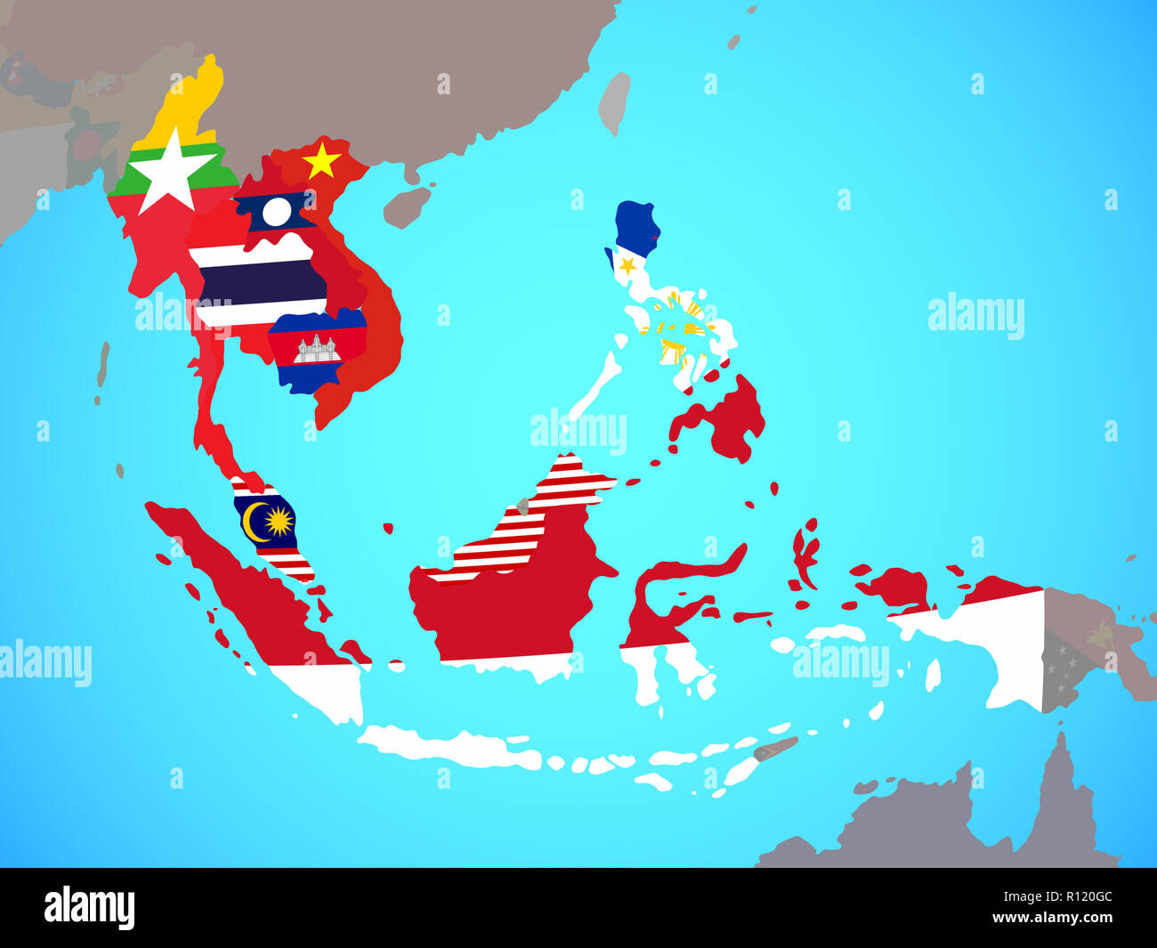 ASEAN memeber states with national flags on blue political globe. 3D ...
