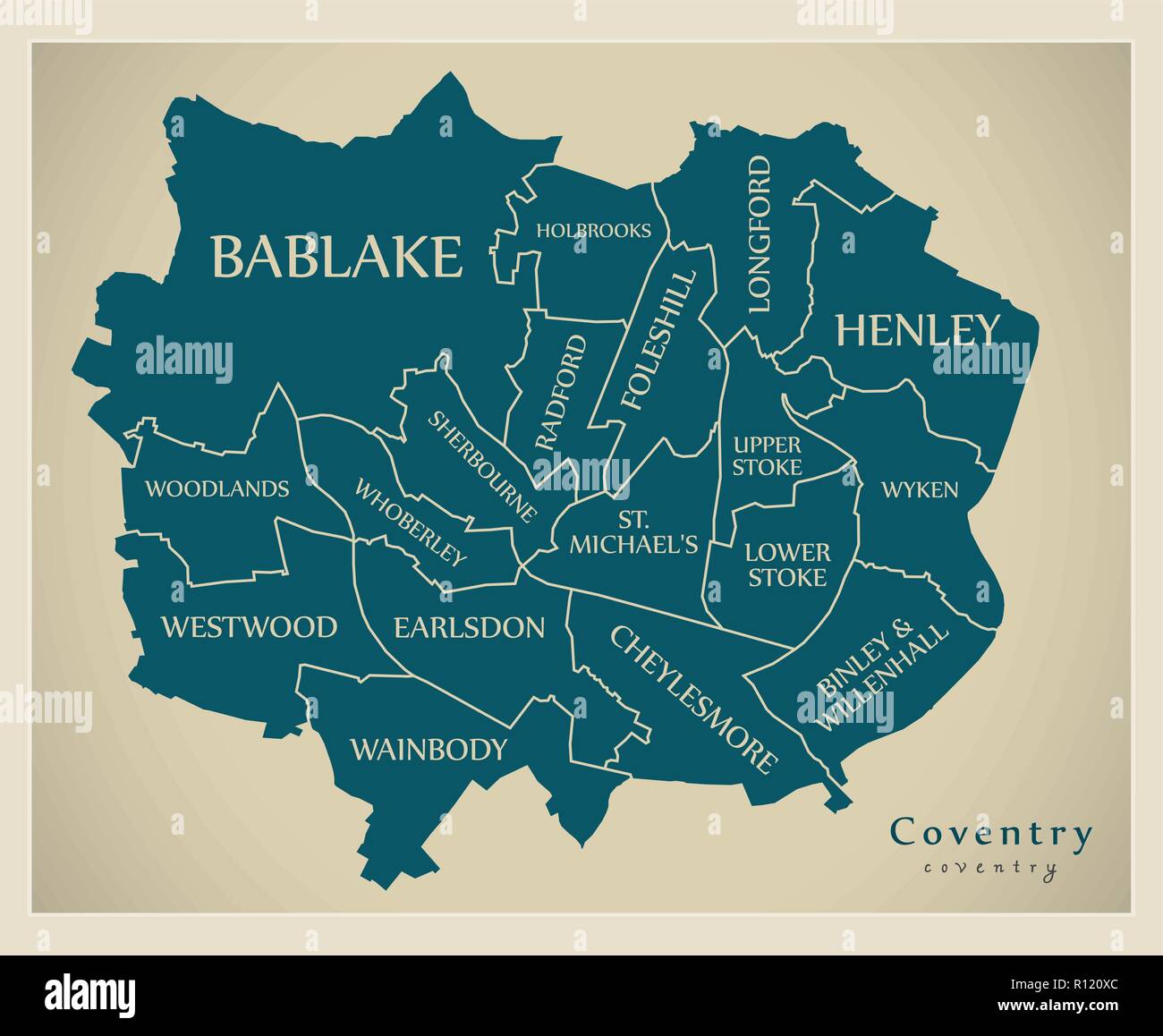 Modern City Map - Coventry city of England with wards and titles UK ...