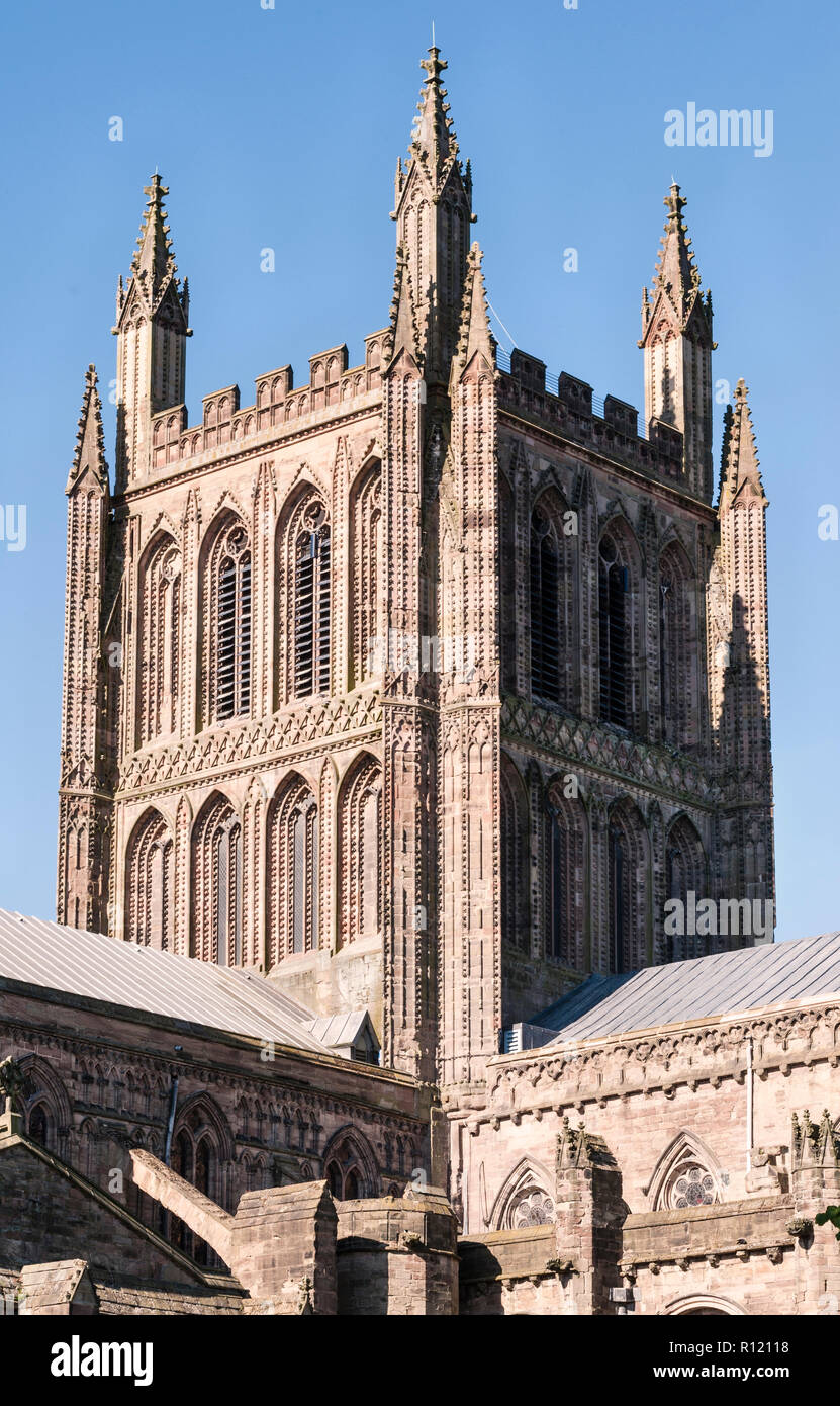 Herefordshire, UK. Hereford Cathedral dates mainly from the 14c, with early Norman foundations. The central tower was built around 1320 Stock Photo