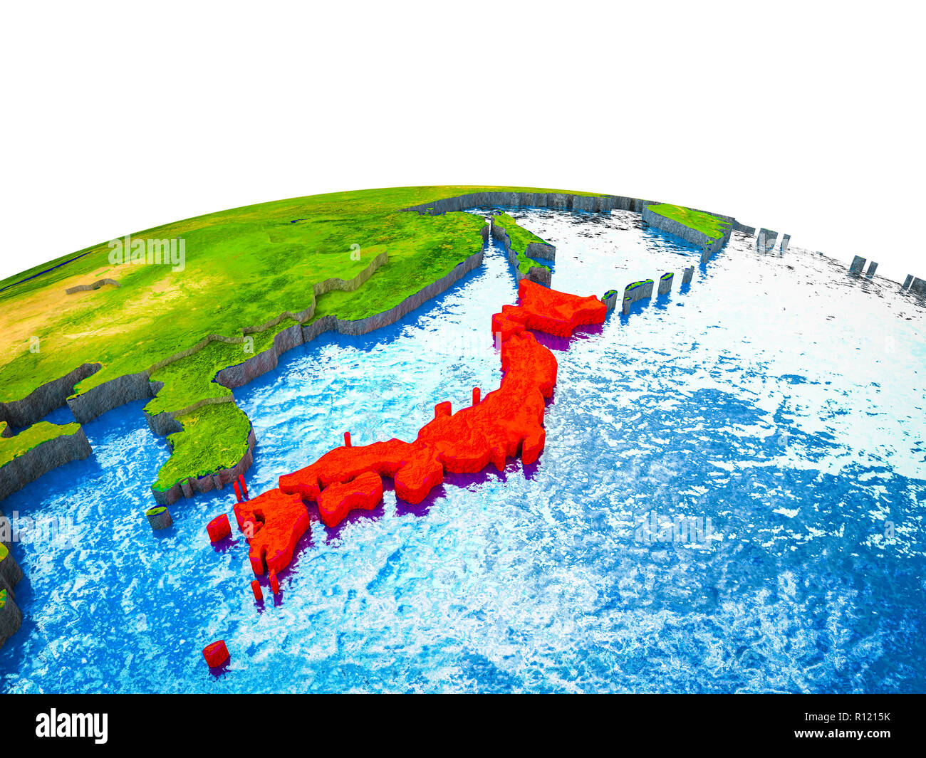 Japan on 3D Earth with visible countries and blue oceans with waves. 3D ...
