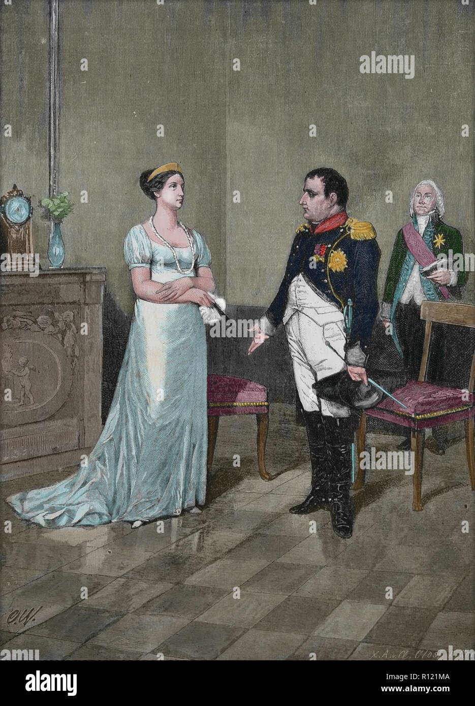 Meeting between Napoleon Bonaparte and Queen Louisa of Prussia, Tilsit. 6 July 1807. Engraving, 19th century. Stock Photo