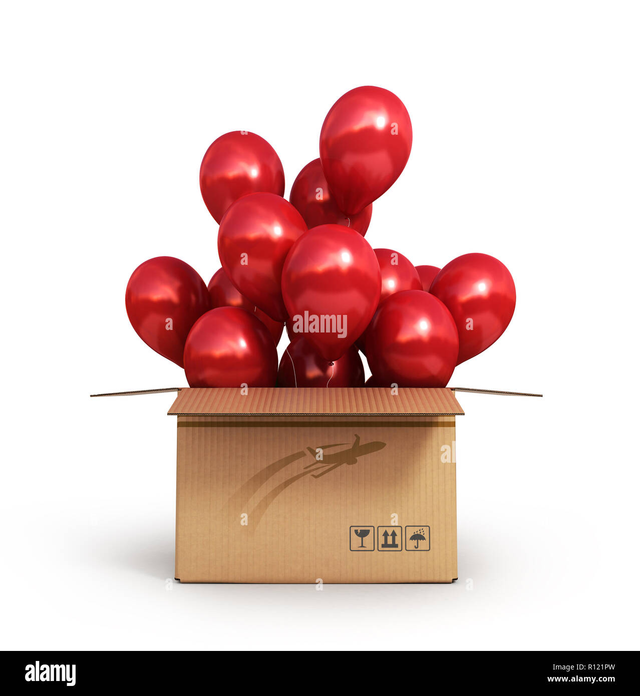red balls in a cardboard box for deliveries isolated on white