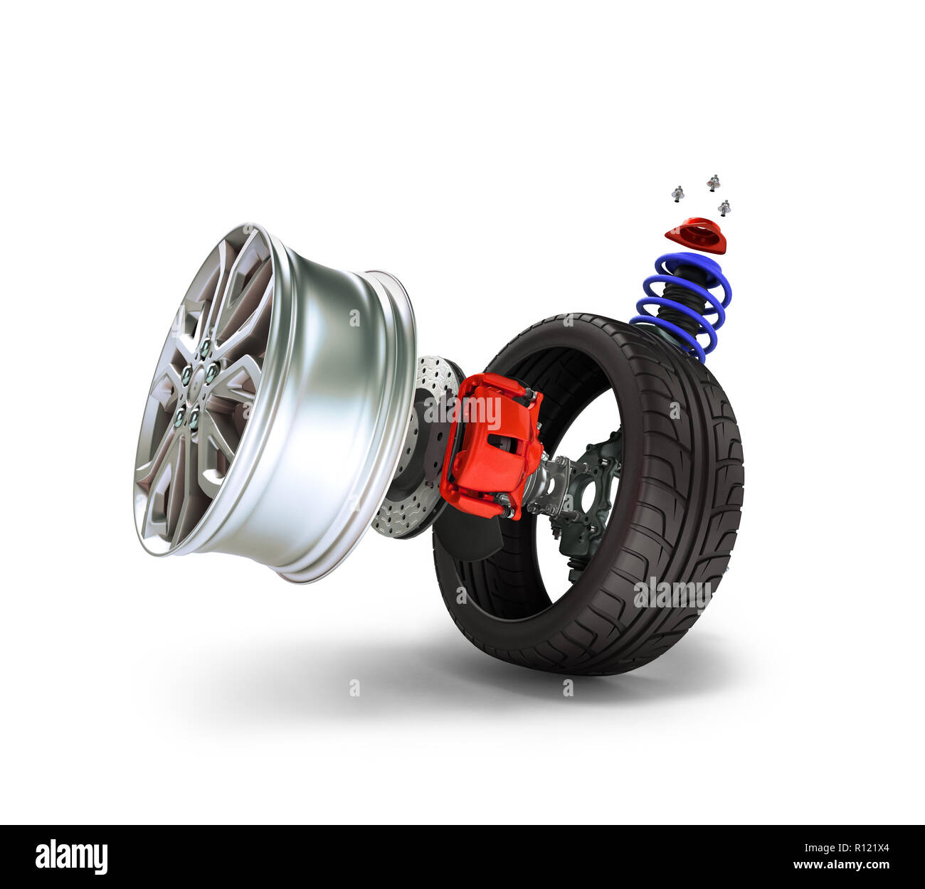 Concept of tire service. Wheels, Rims , brake pads and discs. CAR PARTS. Isolated on white