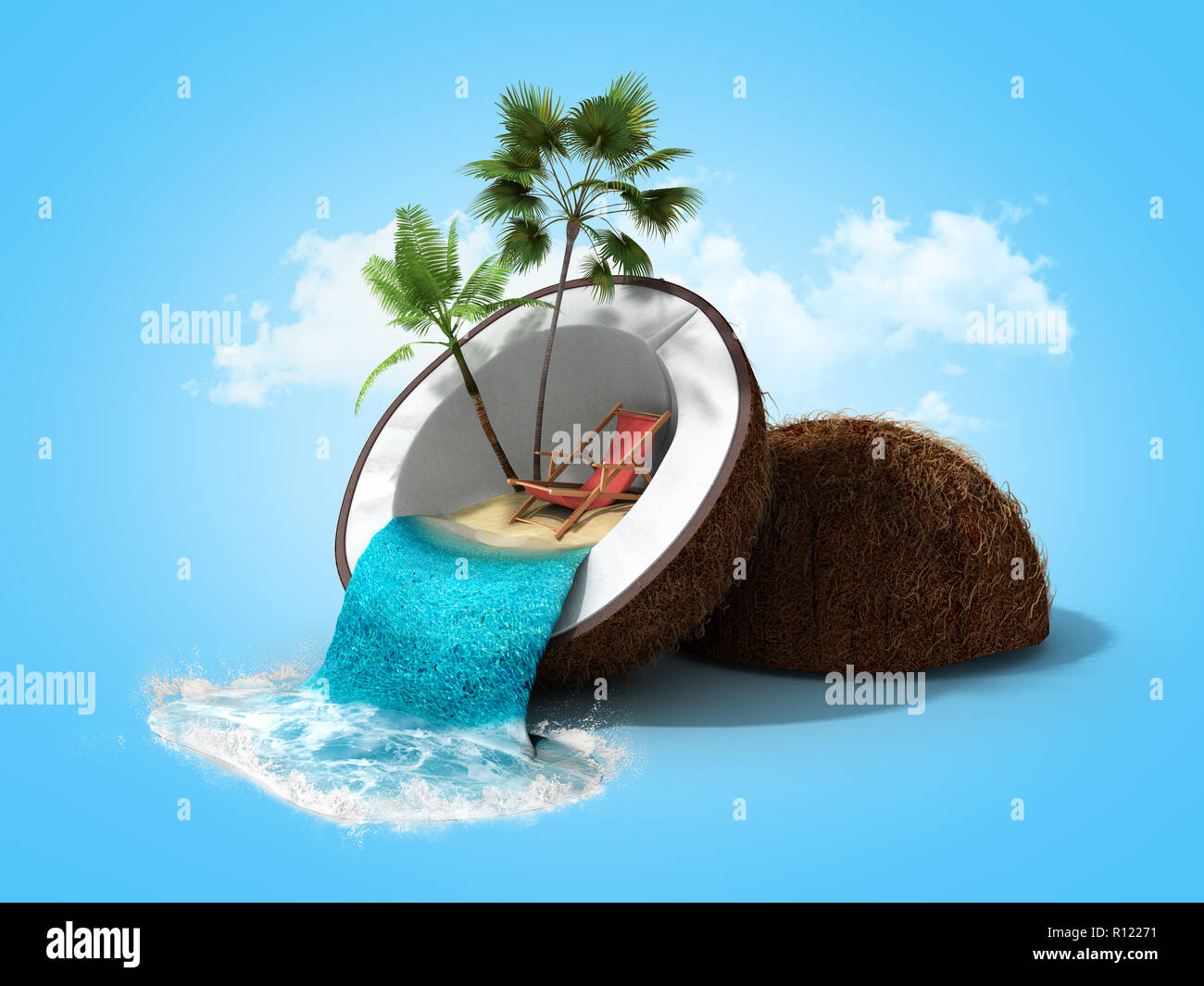 tropical island in coconut Travell concept 3d render on gradient