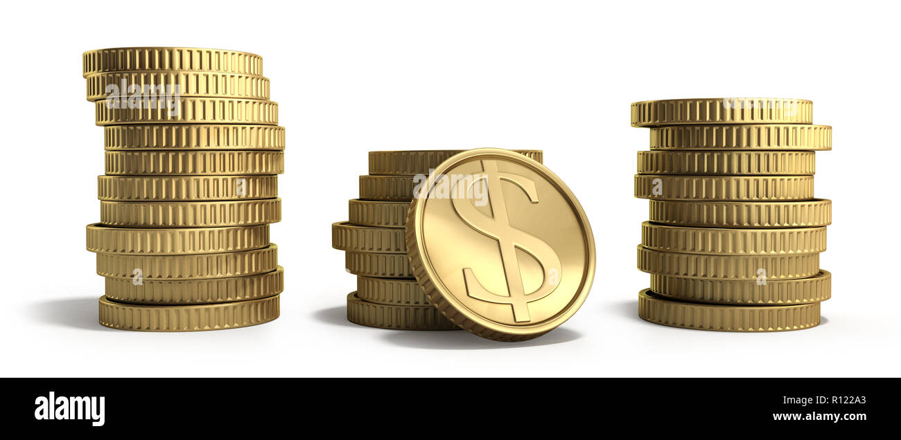gold coins in stacks with dollar sign 3d illustration on a white ...