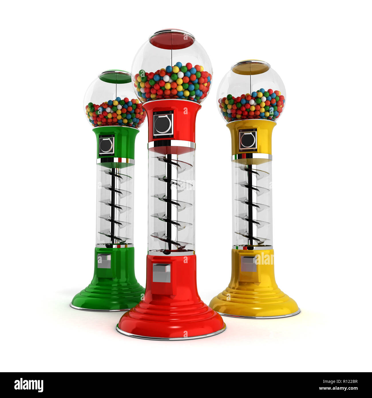 colored  vintage gumball dispenser machine made of glass and reflective plastic with chrome trim filled with multicolored gumballs on an 3d illustrati Stock Photo