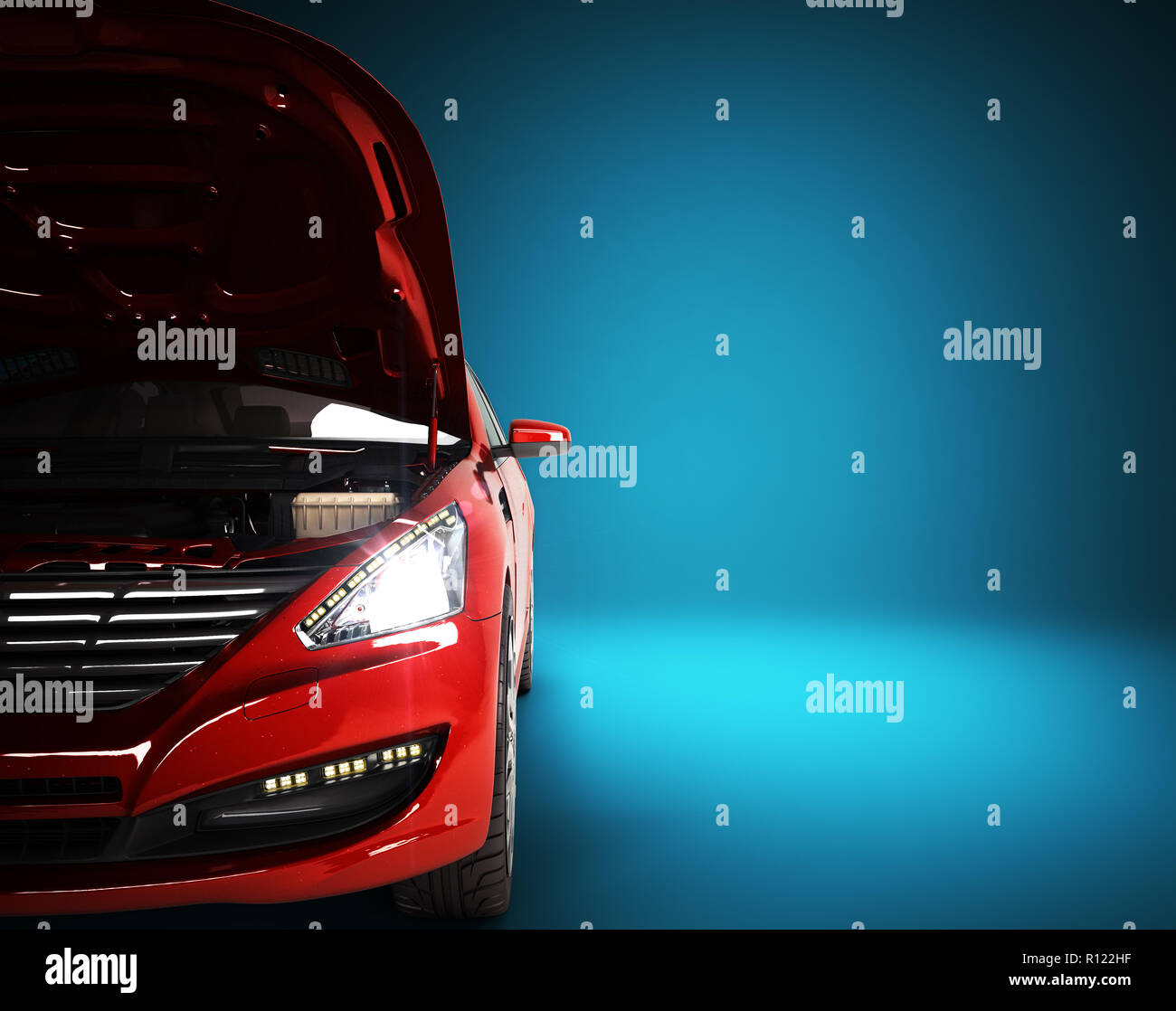 open hood of a car with view of the engine 3d render on blue Stock Photo Alamy