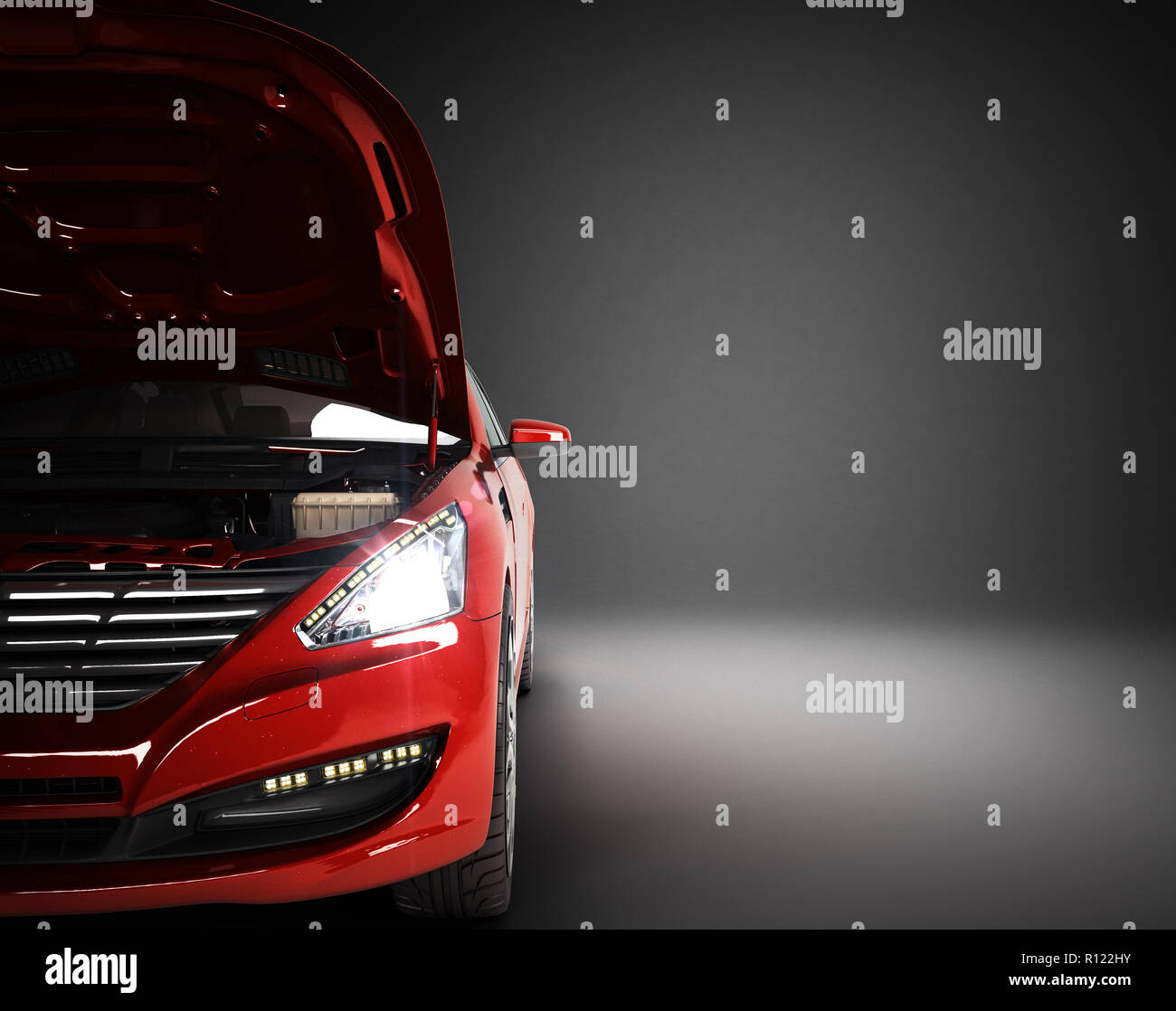 open hood of a car with view of the engine 3d render Stock Photo - Alamy