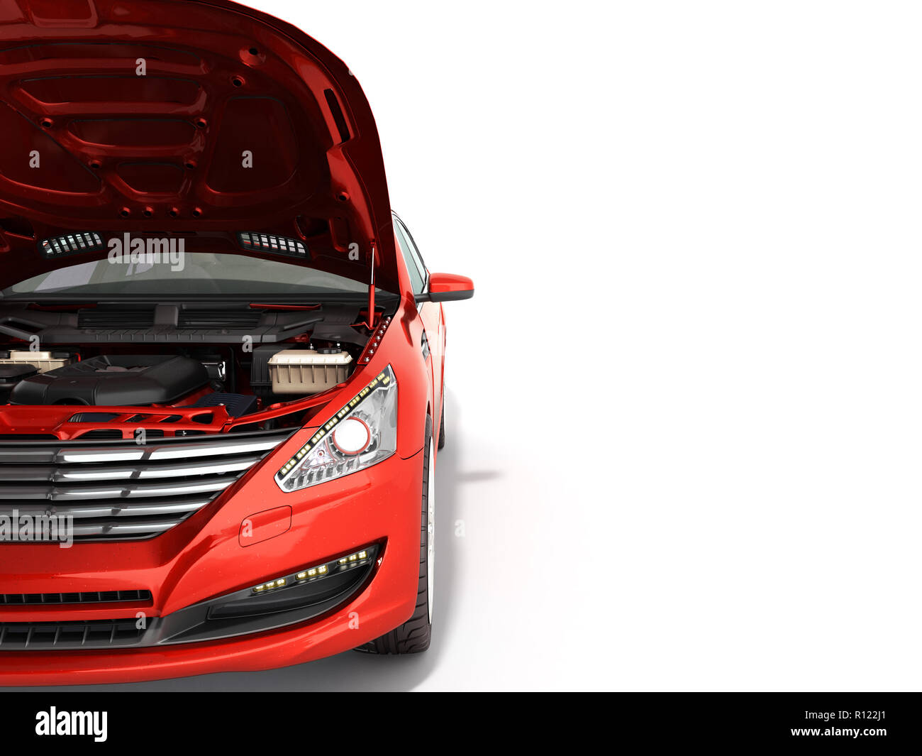 open hood of a car with view of the engine 3d render on white Stock
