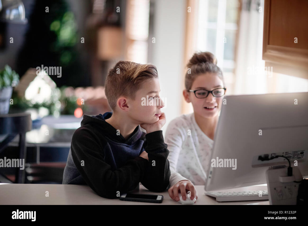 Siblings using computer at home Stock Photo