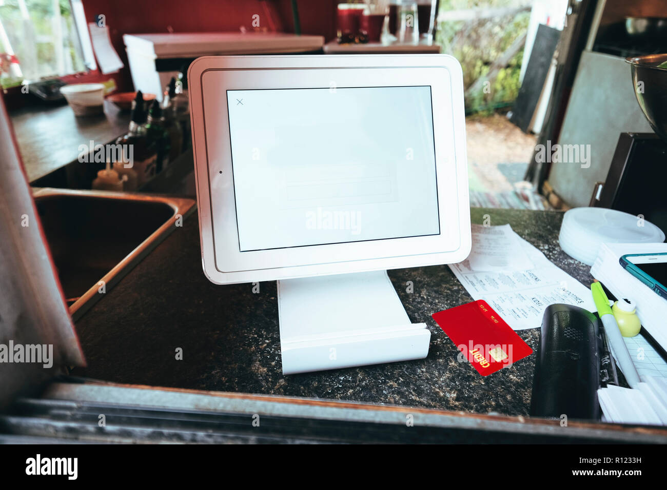 Digital screen for food orders and payment at eatery Stock Photo