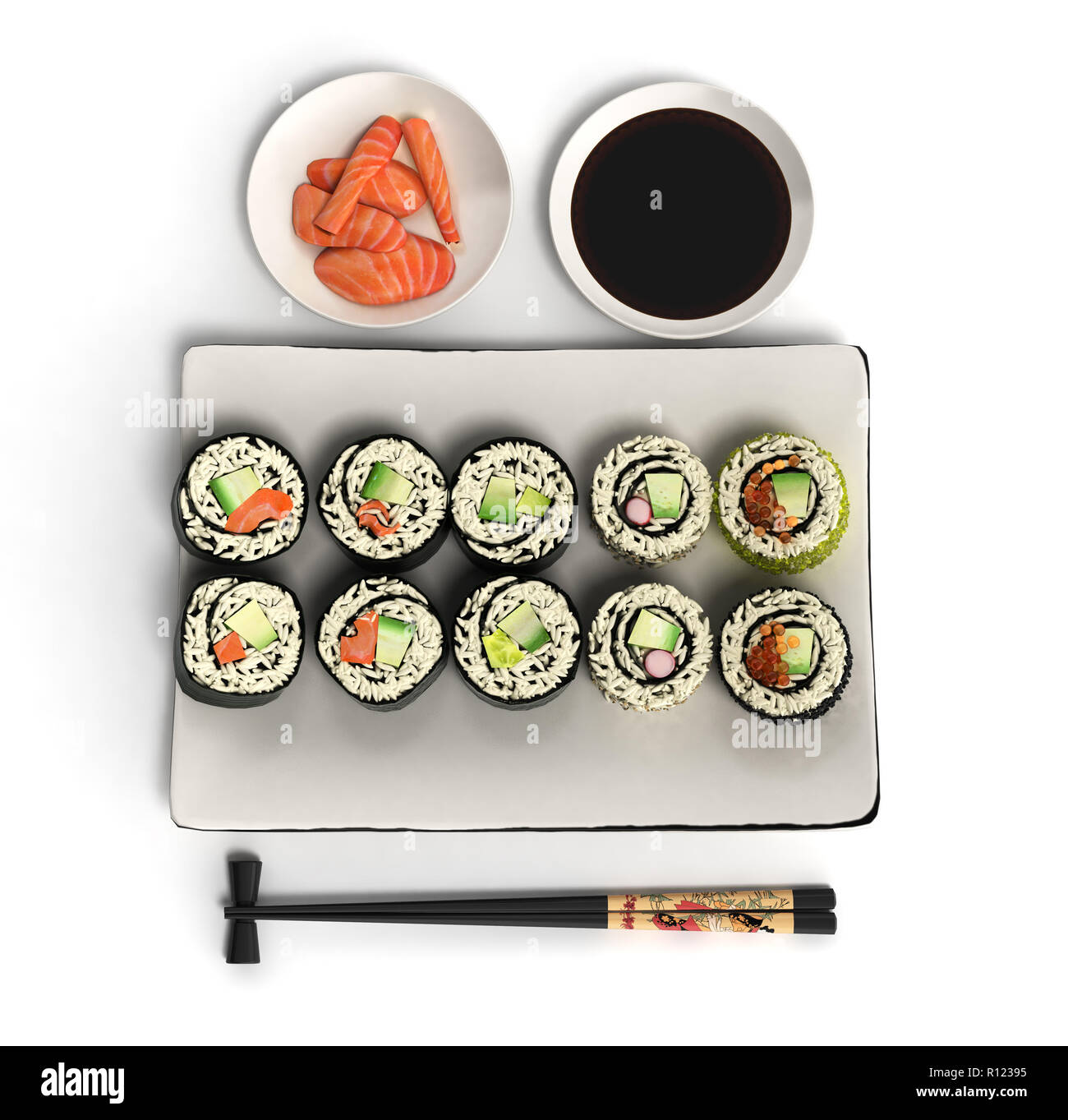 Online Japanese food sushi rolls 3d render on white Stock Photo ...