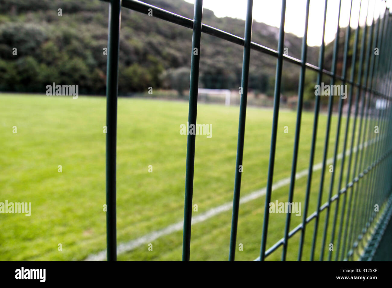 Detail of a soccer field with white line and fence / Close up metallic