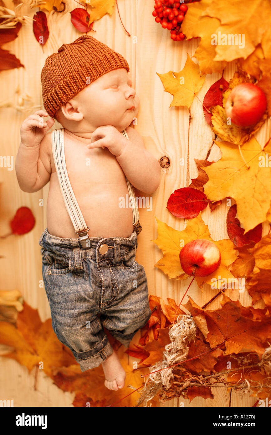 Autumn newborn. Autumn time scene. little  baby with red yellow maple leaves, berries, pumpkin, apples, harvest. Stock Photo