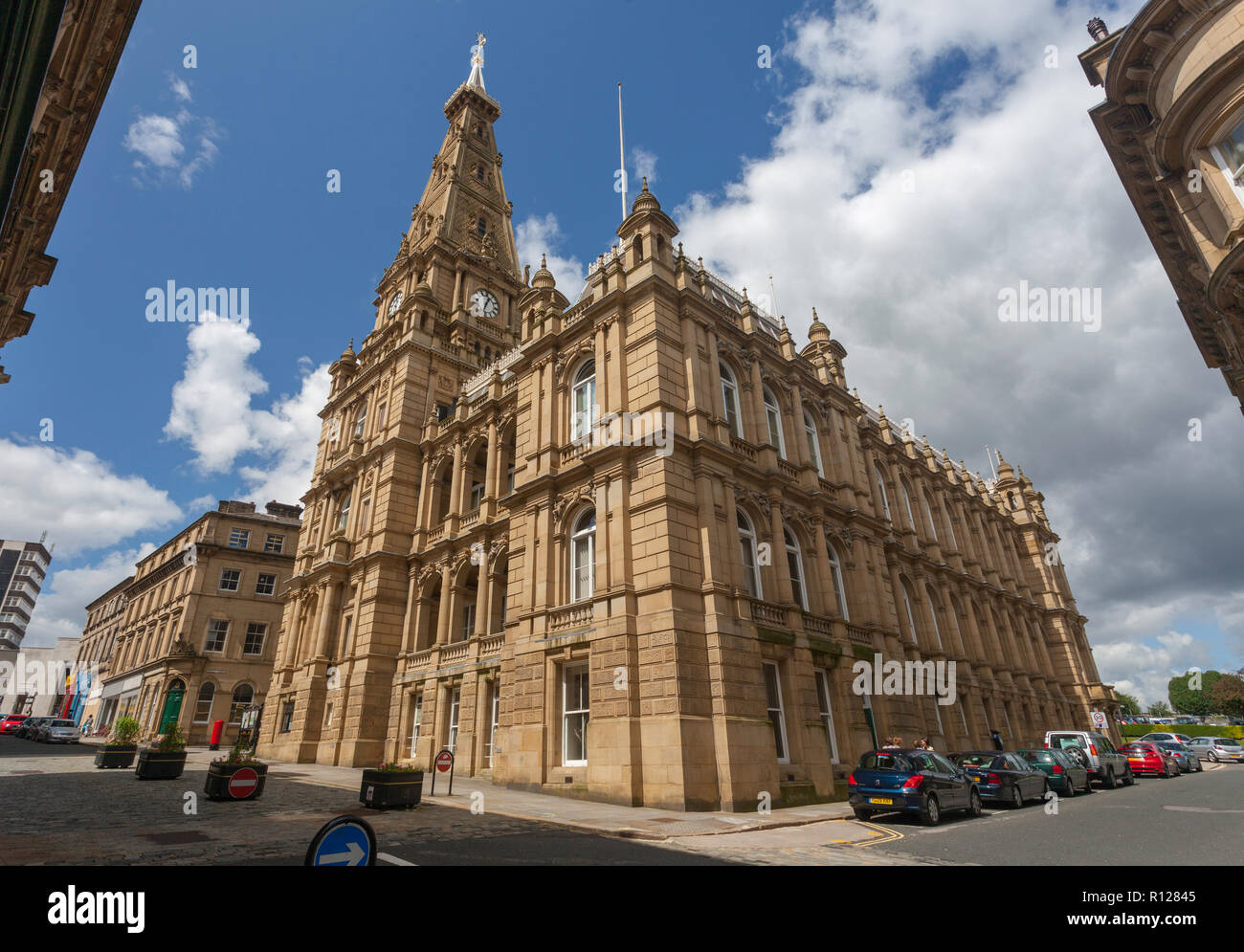 Summer view of the exterior of Halifax Town Hall, a classical style