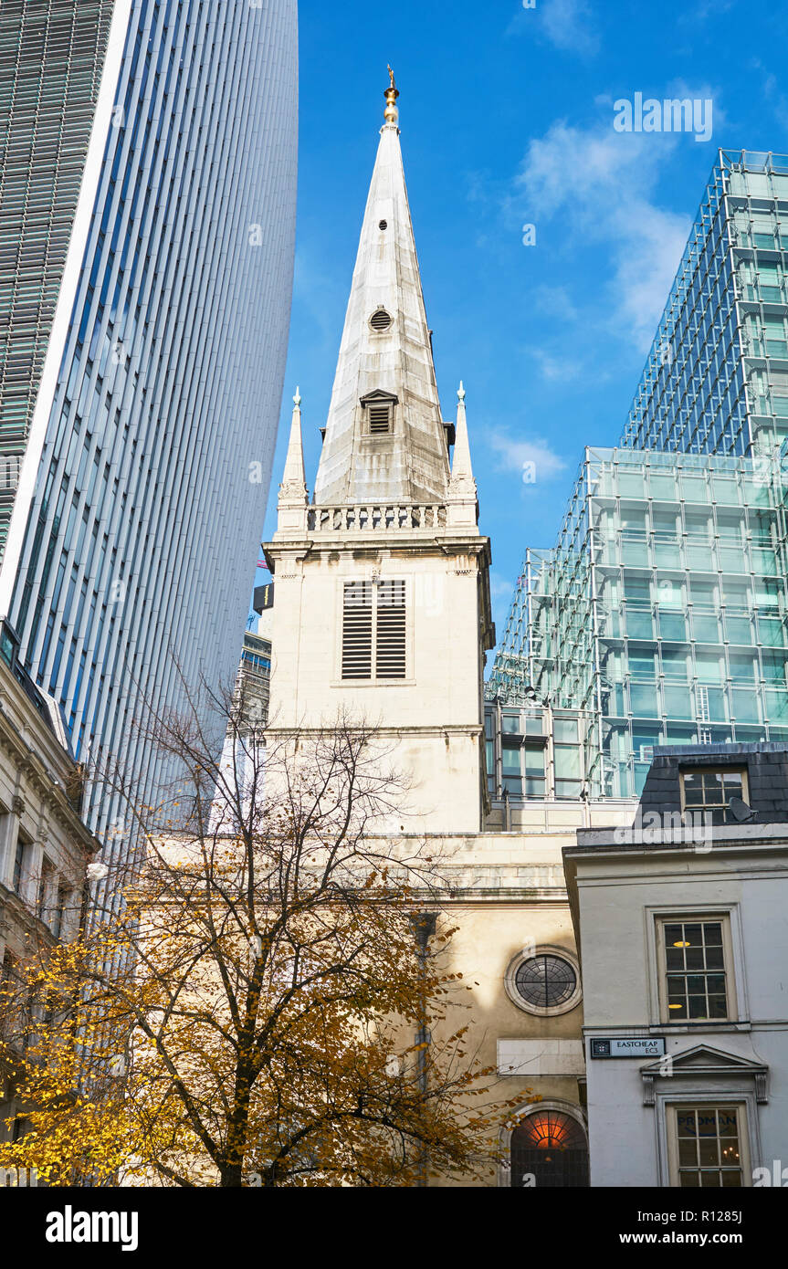 Saint Margaret Pattens church on Eastcheap in the City of London UK, next to the Walkie Talkie Tower. Stock Photo