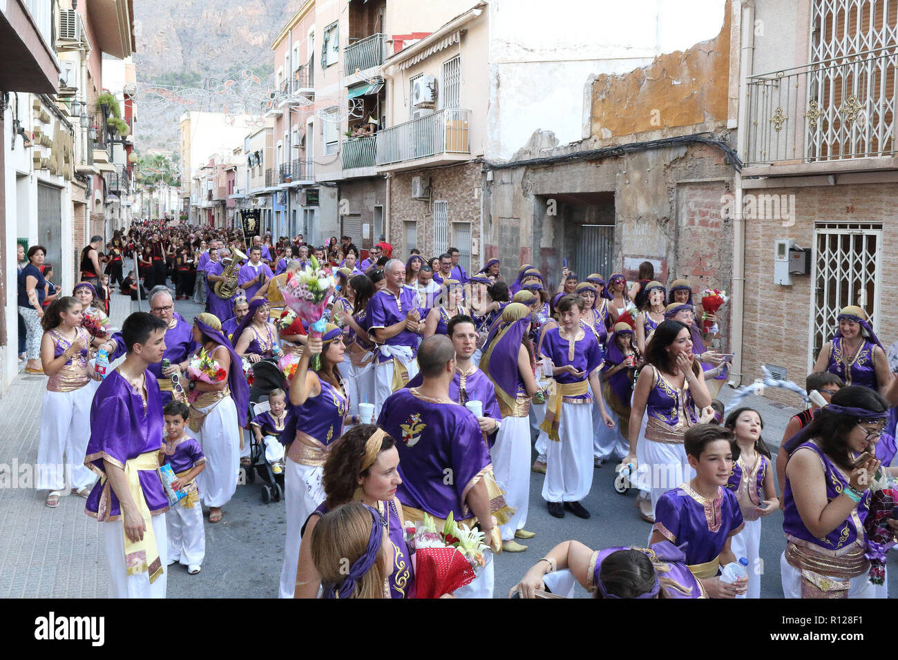 The Moros Almohabenos company on a street parade during the Moors and Christians (Moros y Cristianos) historical reenactment in Orihuela, Spain Stock Photo