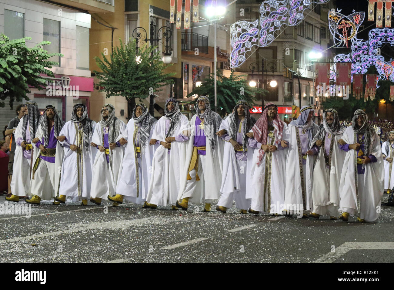 The Moros Almohabenos company on a street parade during the Moors and Christians (Moros y Cristianos) historical reenactment in Orihuela, Spain Stock Photo