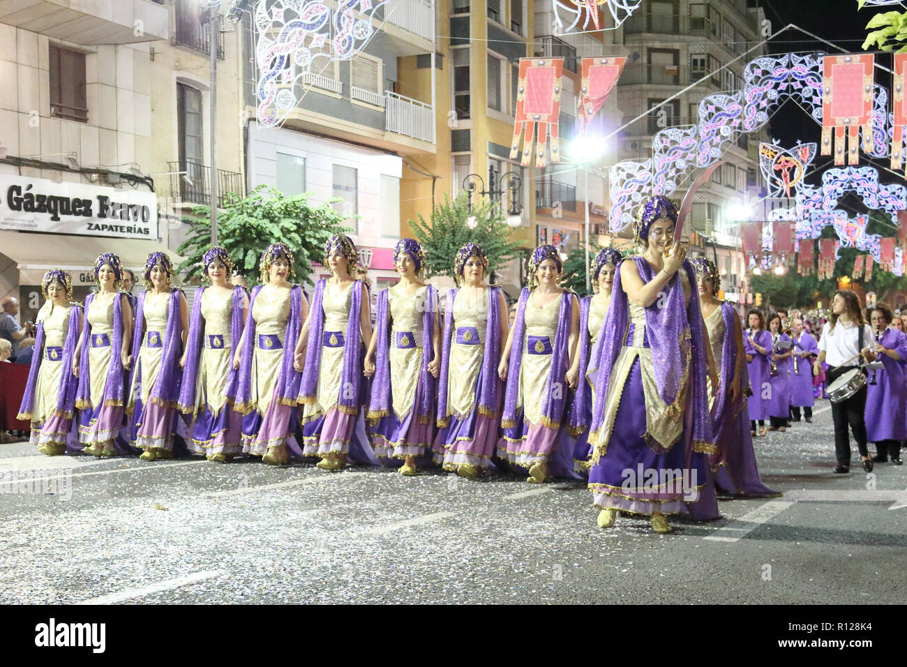 The Moros Almohabenos company on a street parade during the Moors and Christians (Moros y Cristianos) historical reenactment in Orihuela, Spain Stock Photo